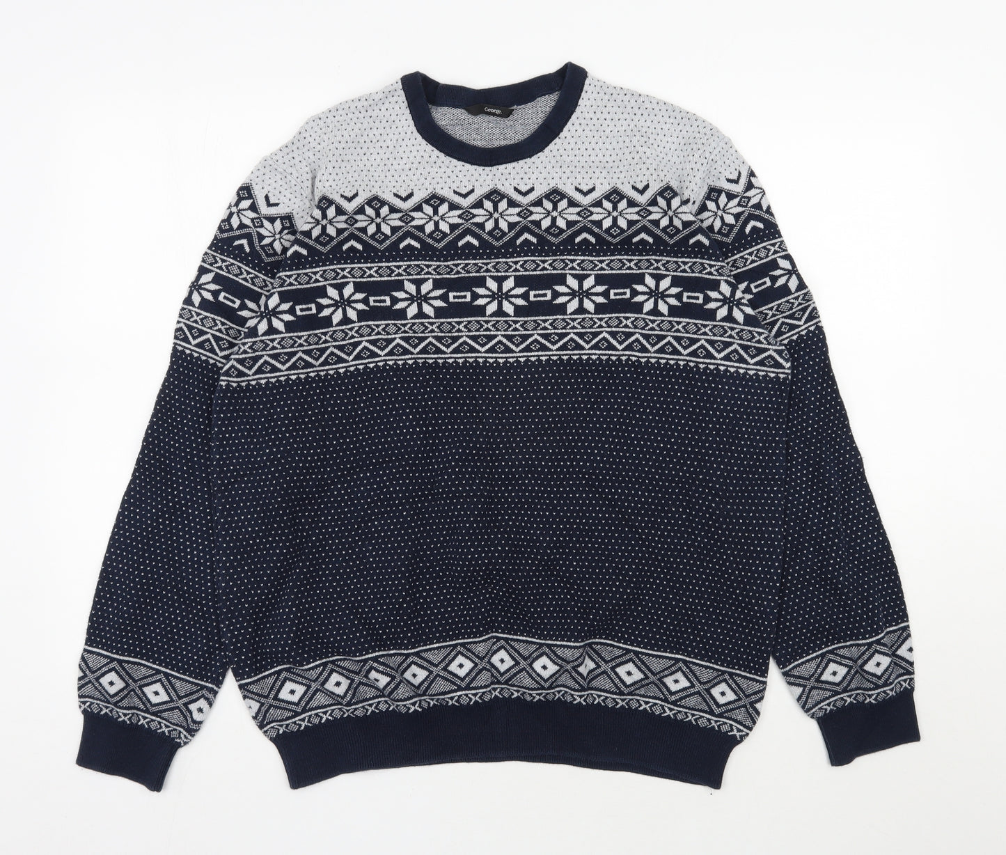 George Mens Blue Round Neck Fair Isle Cotton Pullover Jumper Size L