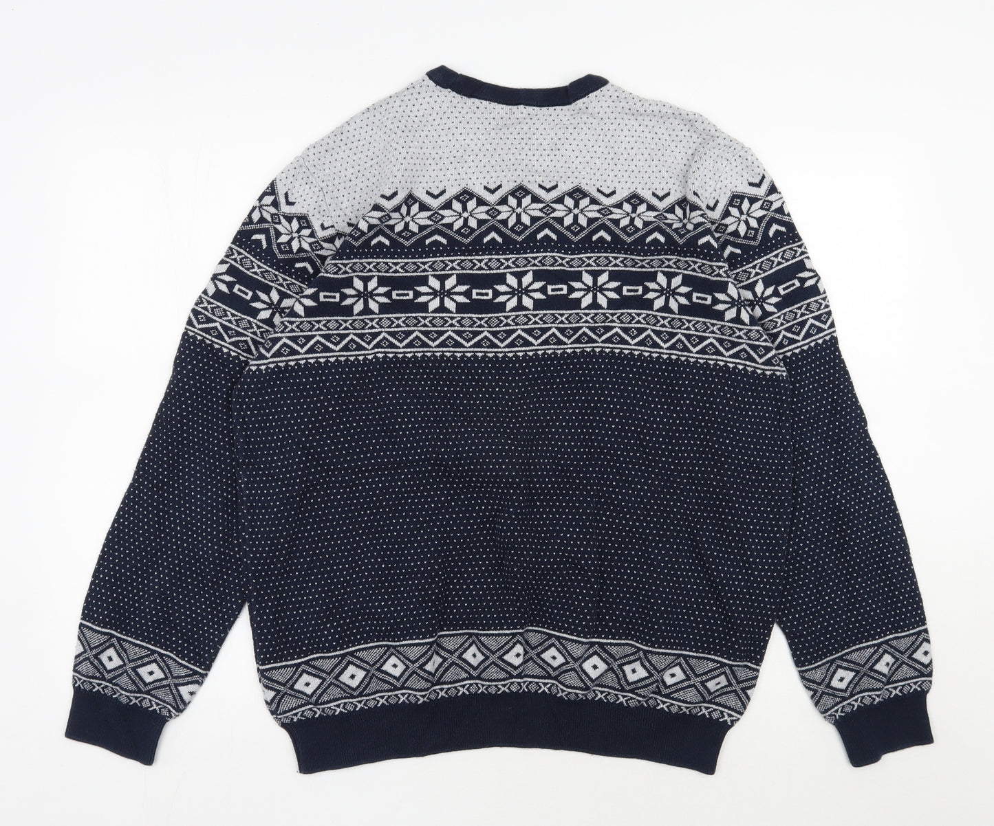 George Mens Blue Round Neck Fair Isle Cotton Pullover Jumper Size L