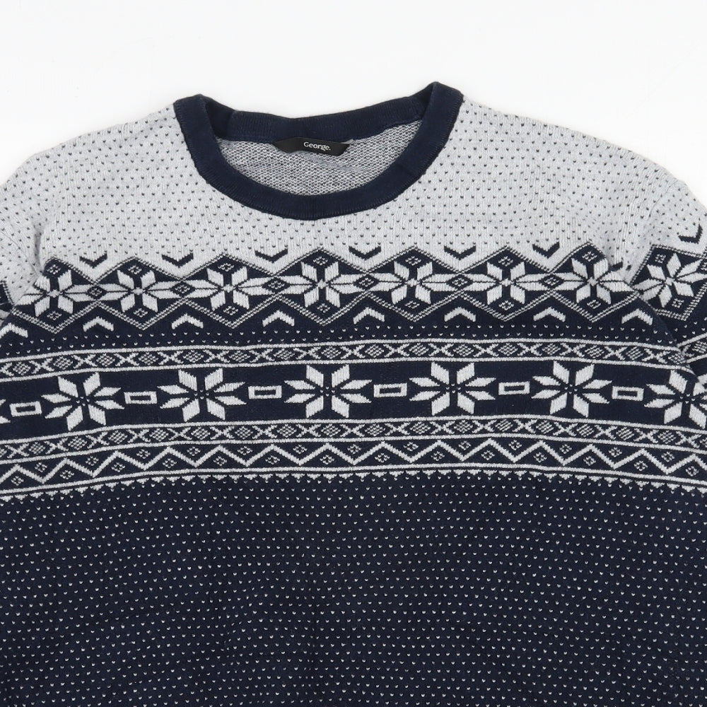 George Mens Blue Round Neck Fair Isle Cotton Pullover Jumper Size L