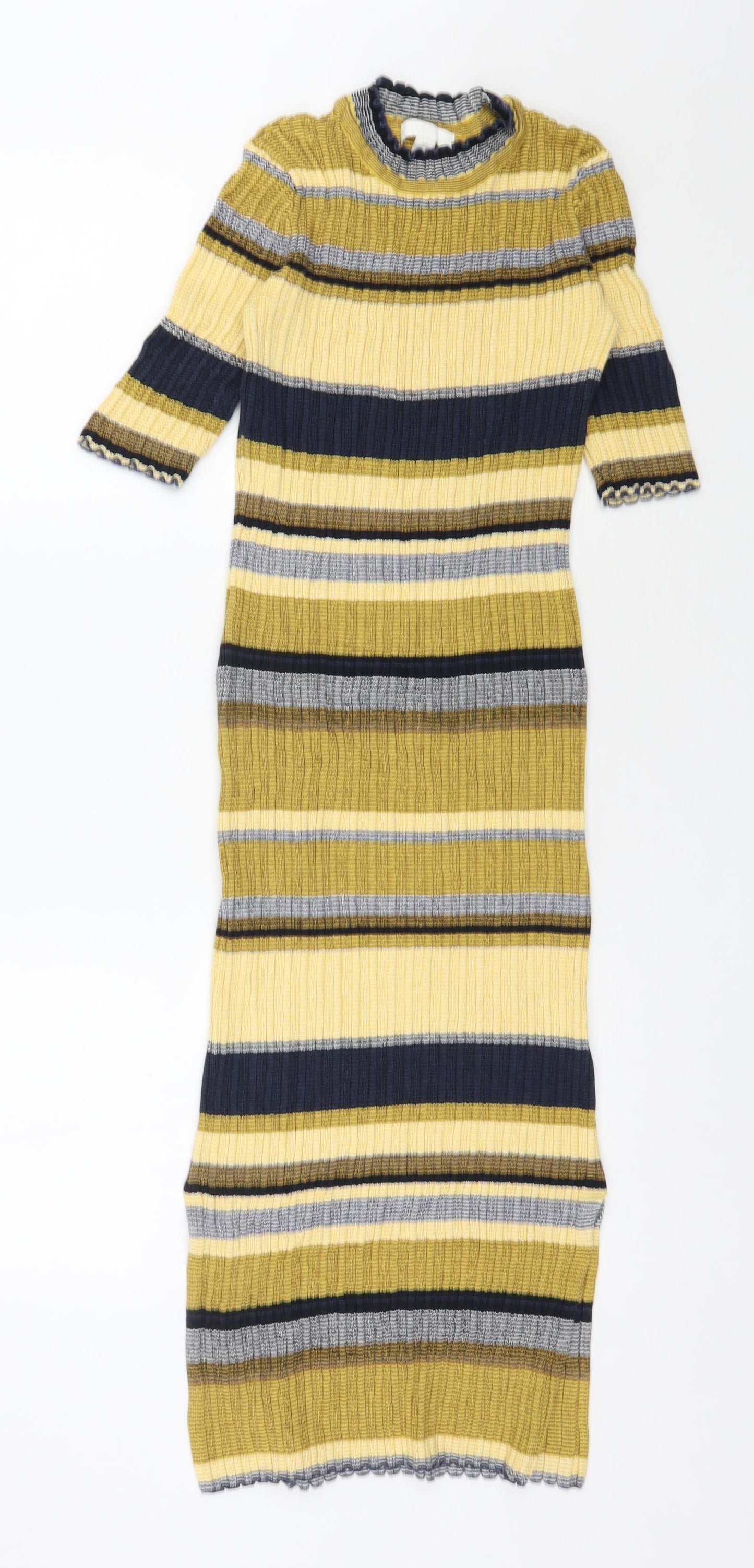 H&M Womens Yellow Striped Cotton Jumper Dress  Size S  Mock Neck Pullover