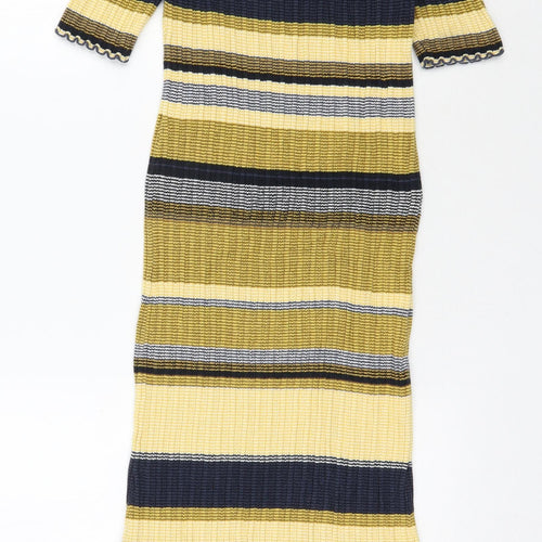 H&M Womens Yellow Striped Cotton Jumper Dress  Size S  Mock Neck Pullover