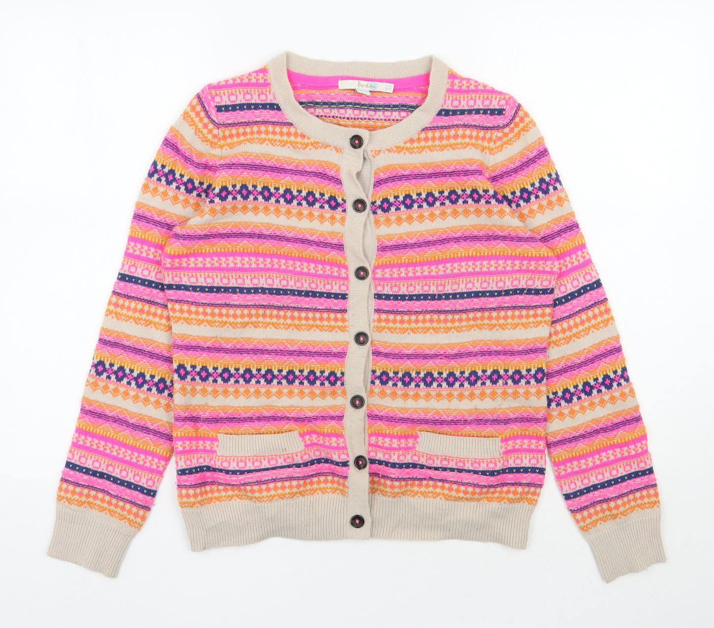 Boden Womens Multicoloured Round Neck Geometric Wool Cardigan Jumper Size 12