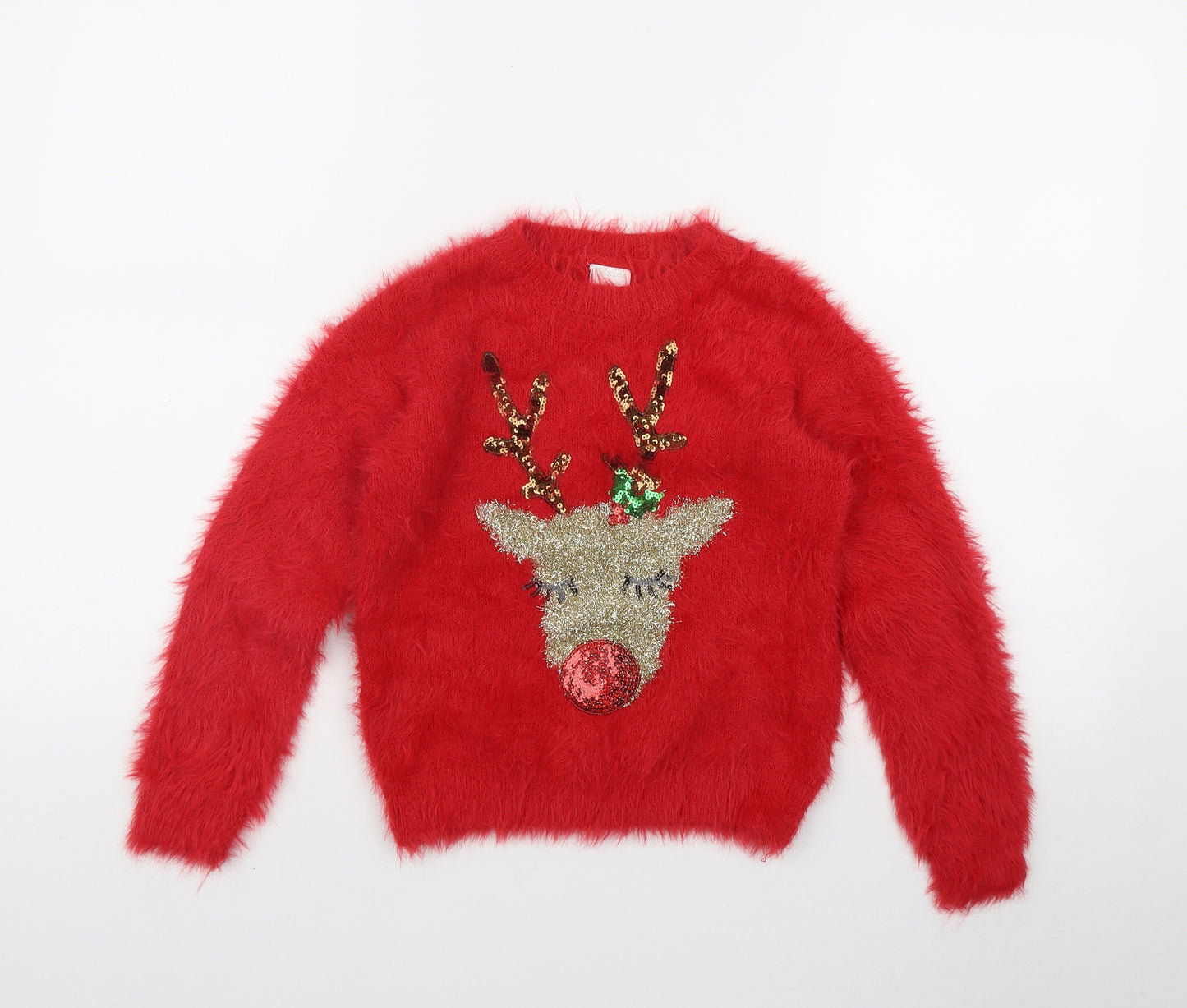 F&F Girls Red Round Neck  Polyamide Pullover Jumper Size 7-8 Years   - Rudolph