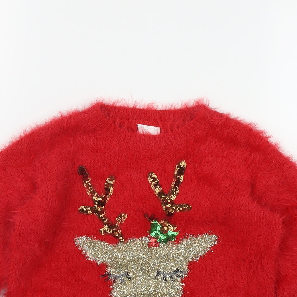 F&F Girls Red Round Neck  Polyamide Pullover Jumper Size 7-8 Years   - Rudolph