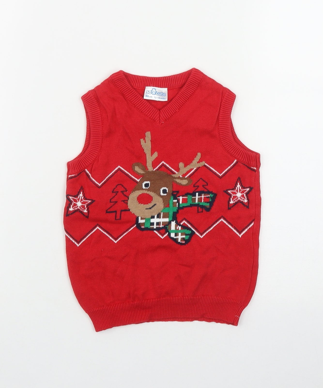 SO CUTE Boys Red  Cotton Vest Jumper Size 12-18 Months   - Christmas