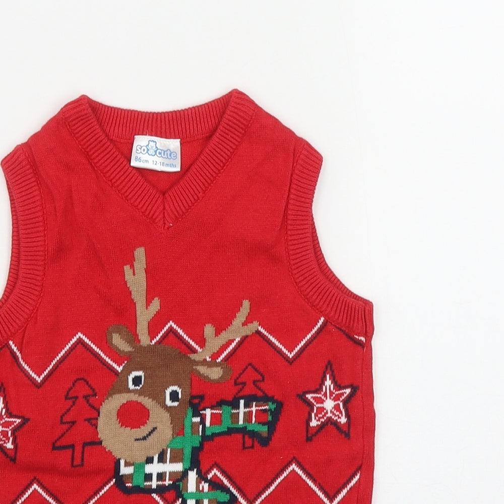 SO CUTE Boys Red  Cotton Vest Jumper Size 12-18 Months   - Christmas
