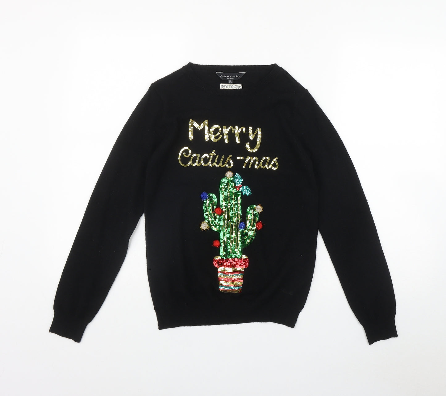 F&F Womens Black Round Neck  Viscose Pullover Jumper Size 6   - 'Merry Cactus-mas'