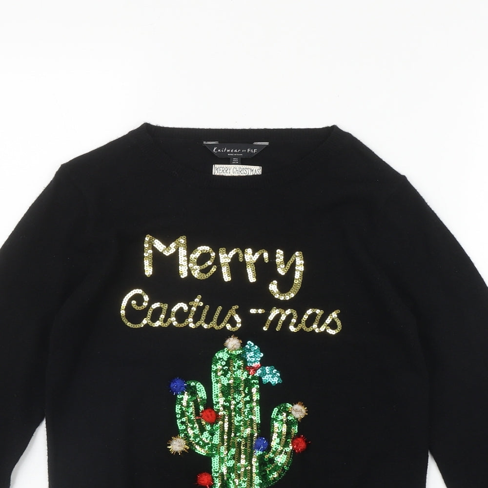 F&F Womens Black Round Neck  Viscose Pullover Jumper Size 6   - 'Merry Cactus-mas'