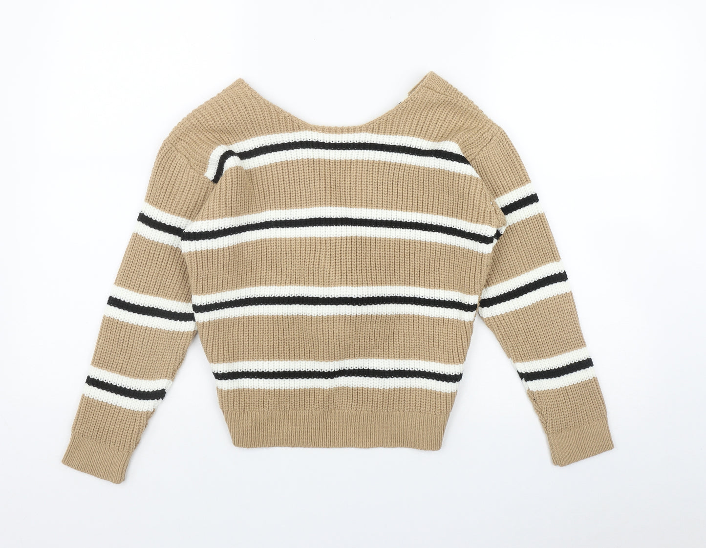 New Look Girls Beige Round Neck Striped Acrylic Pullover Jumper Size 12-13 Years