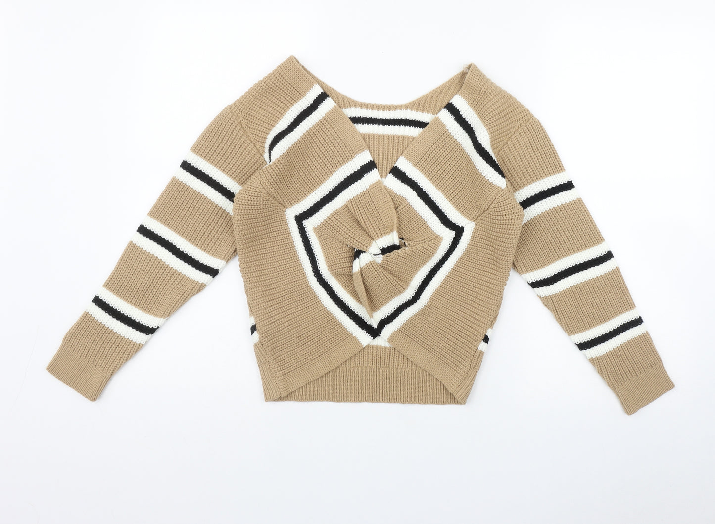 New Look Girls Beige Round Neck Striped Acrylic Pullover Jumper Size 12-13 Years