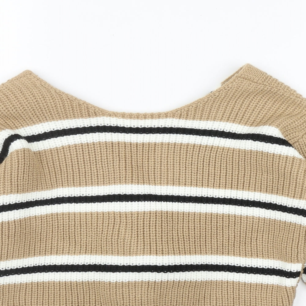 New Look Girls Beige Round Neck Striped Acrylic Pullover Jumper Size 12-13 Years