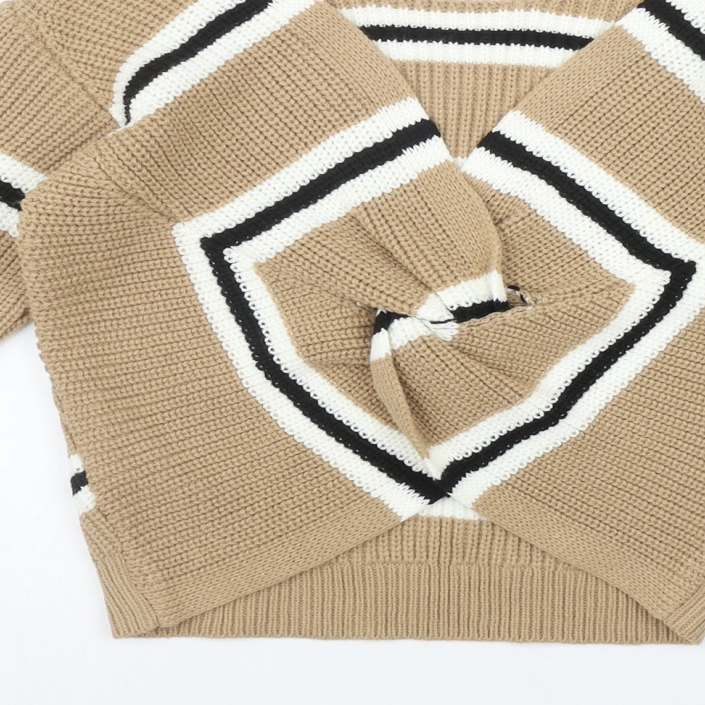New Look Girls Beige Round Neck Striped Acrylic Pullover Jumper Size 12-13 Years