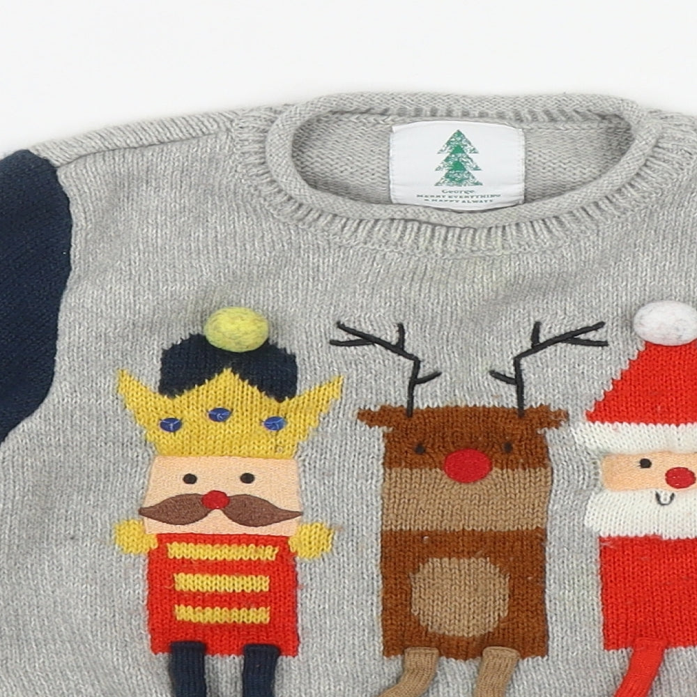 George Boys Grey Round Neck  Acrylic Pullover Jumper Size 2-3 Years   - Christmas