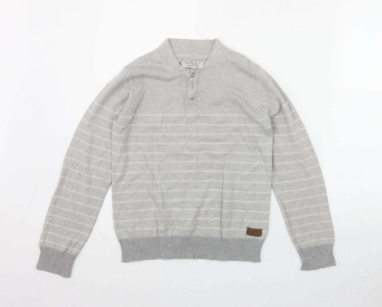 NEXT Boys Grey Round Neck Striped Cotton Pullover Jumper Size 10-11 Years  Button