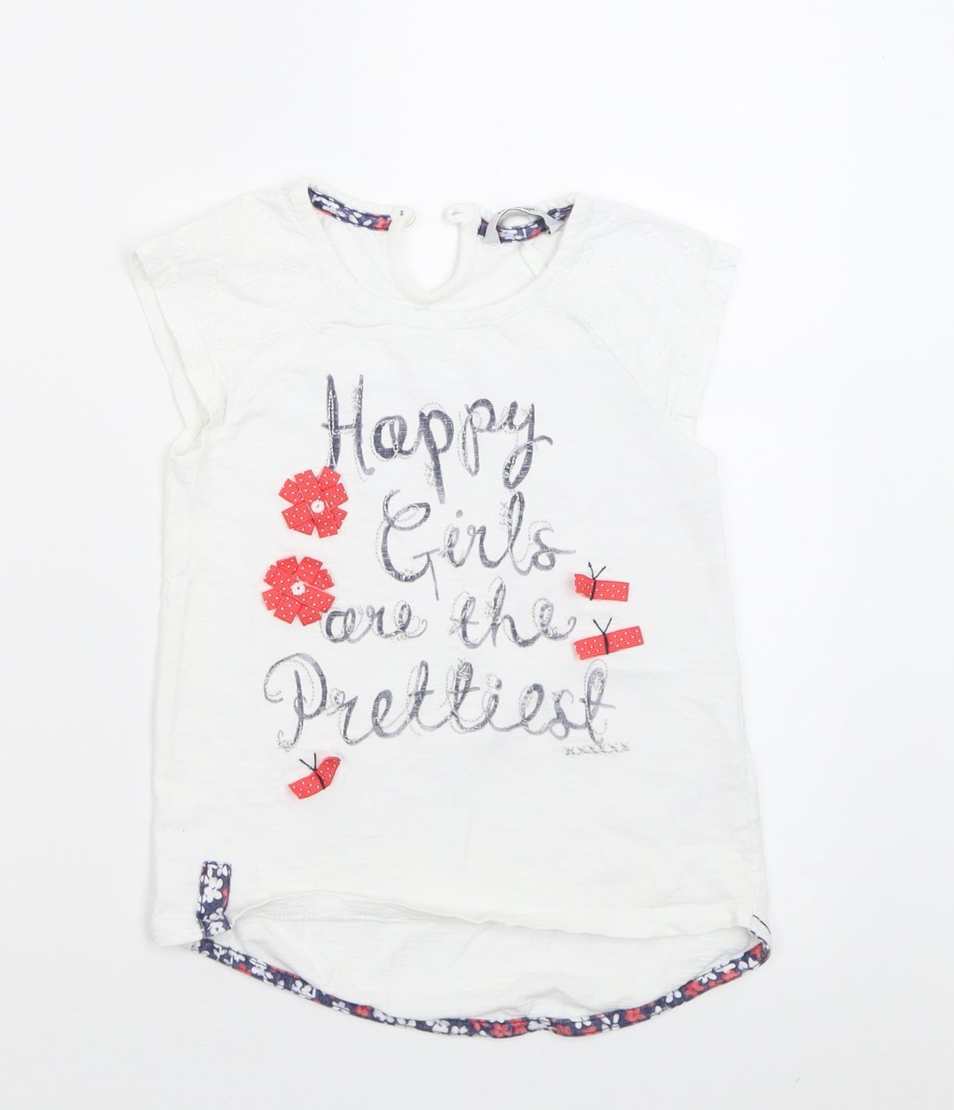 George Girls White  Cotton Basic T-Shirt Size 5-6 Years Crew Neck Button - happy girls are the prettiest
