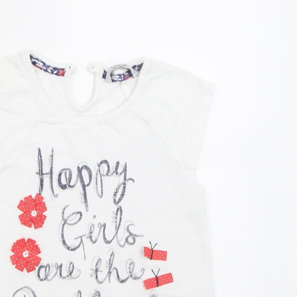 George Girls White  Cotton Basic T-Shirt Size 5-6 Years Crew Neck Button - happy girls are the prettiest
