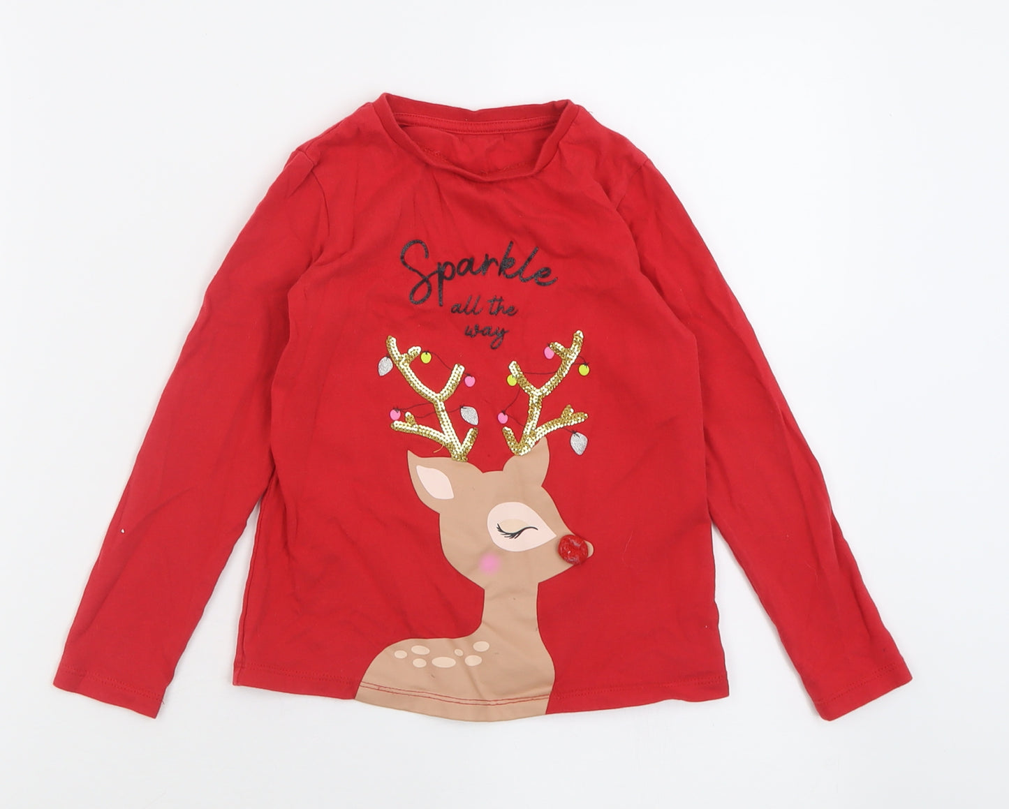 Dunnes Stores Girls Red  Cotton Basic Casual Size 6-7 Years Crew Neck Pullover - Sparkle all the Way