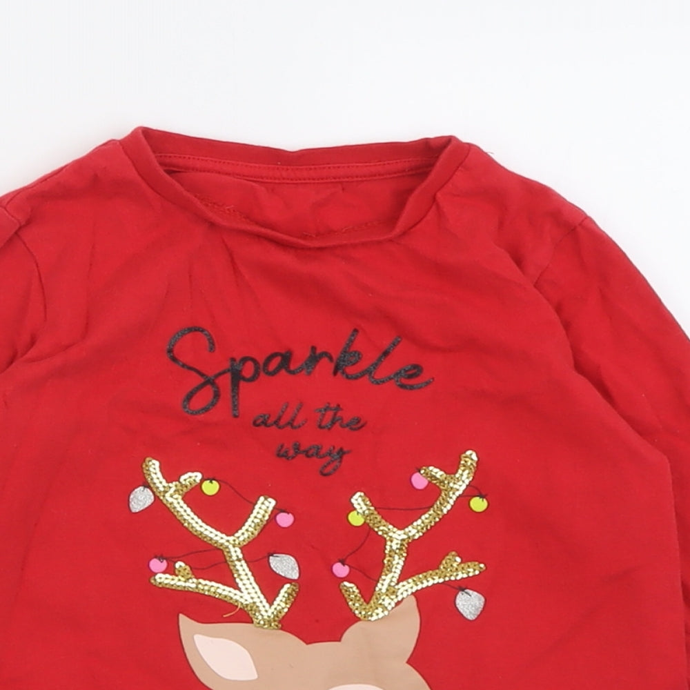 Dunnes Stores Girls Red  Cotton Basic Casual Size 6-7 Years Crew Neck Pullover - Sparkle all the Way
