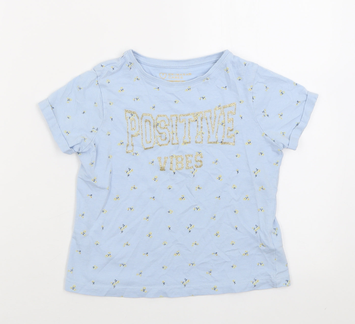 Primark Girls Blue Floral Cotton Basic T-Shirt Size 8-9 Years Crew Neck Pullover - positive vibes