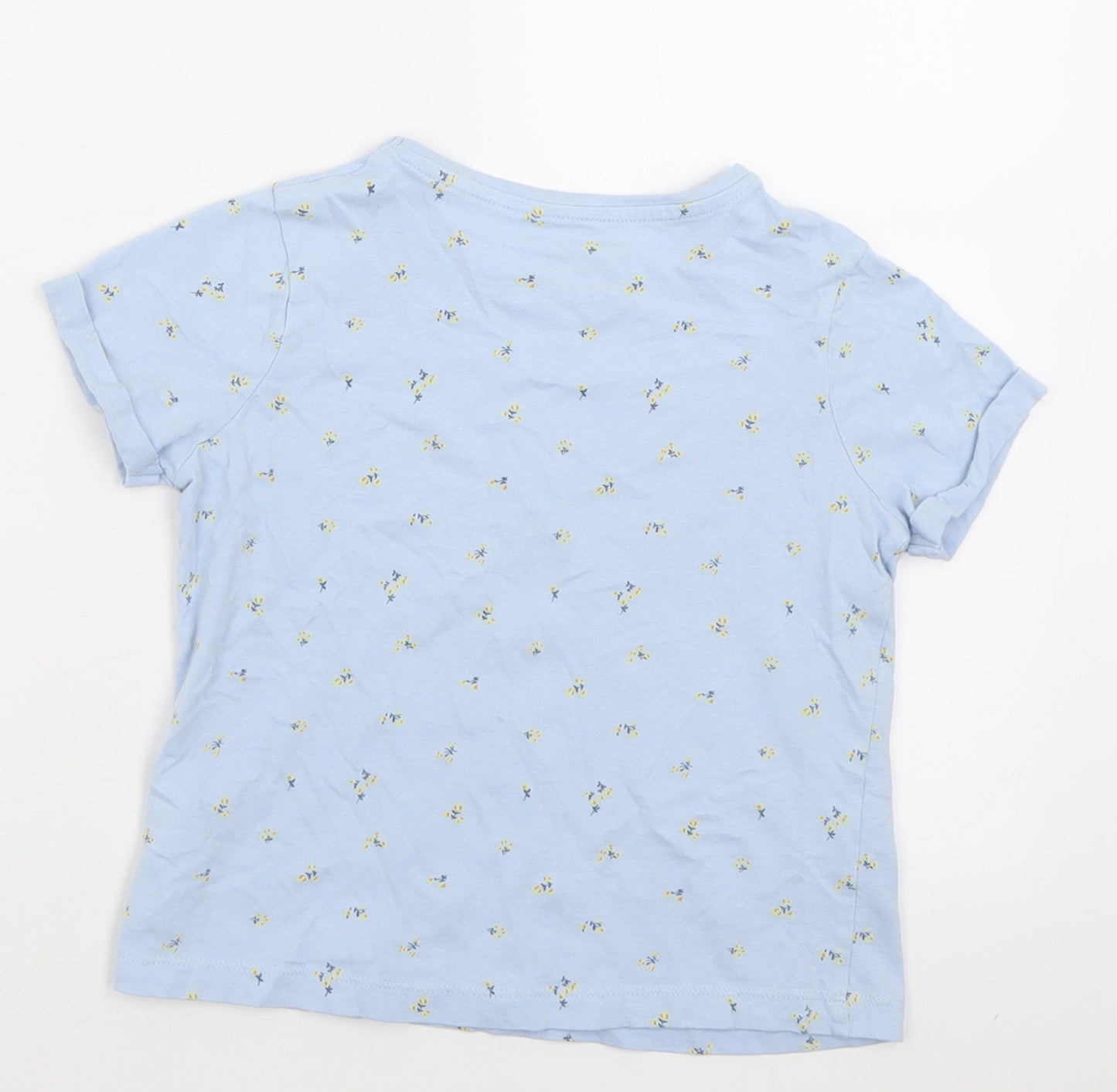 Primark Girls Blue Floral Cotton Basic T-Shirt Size 8-9 Years Crew Neck Pullover - positive vibes