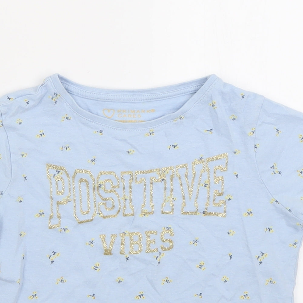 Primark Girls Blue Floral Cotton Basic T-Shirt Size 8-9 Years Crew Neck Pullover - positive vibes