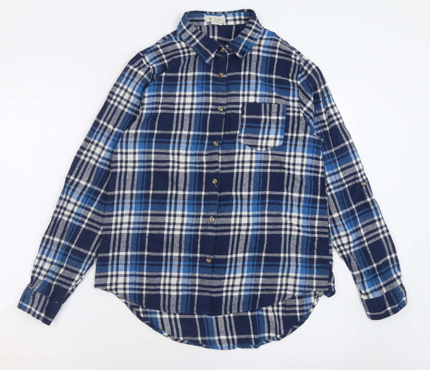 Passport Mens Blue Check Cotton  Button-Up Size L Collared Button