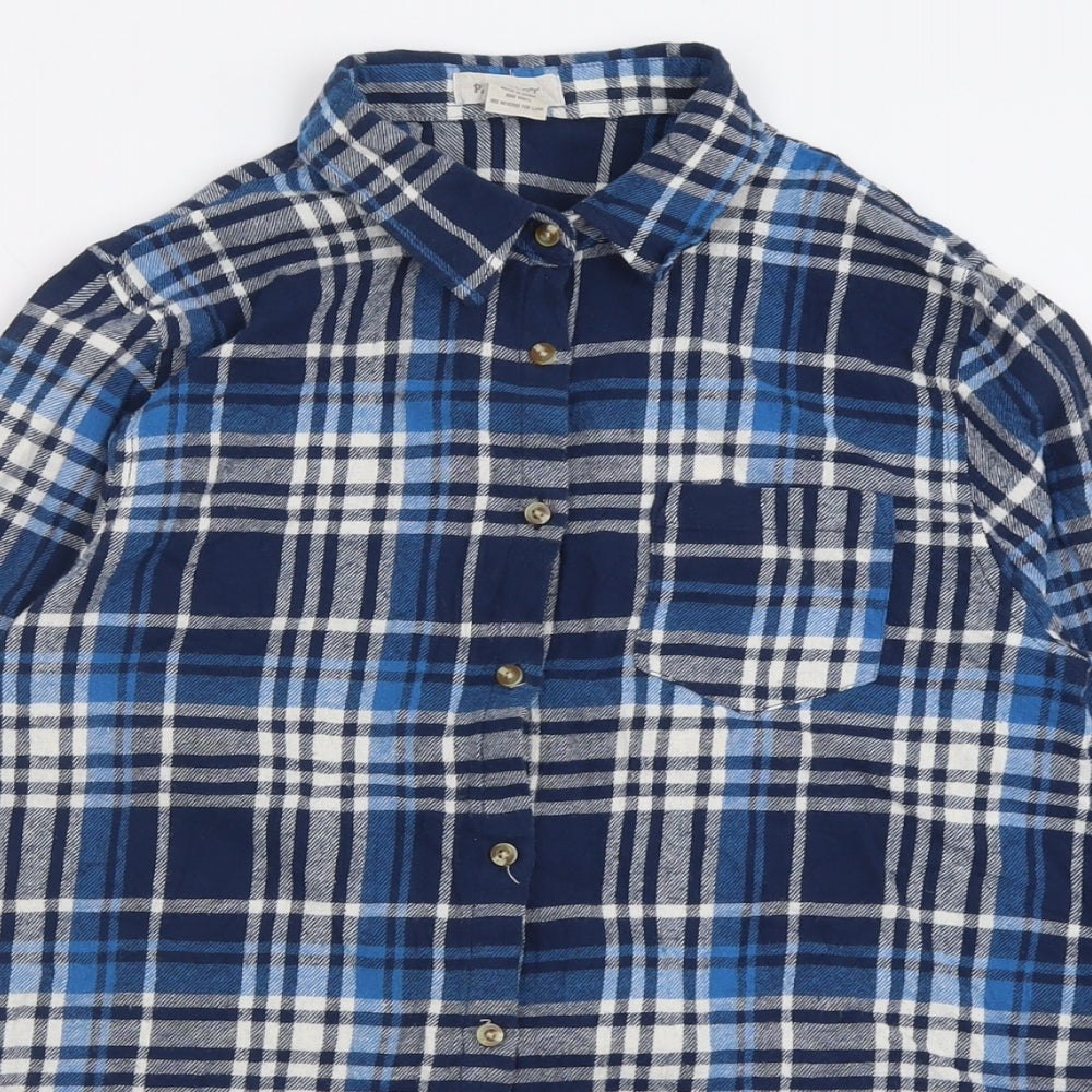 Passport Mens Blue Check Cotton  Button-Up Size L Collared Button