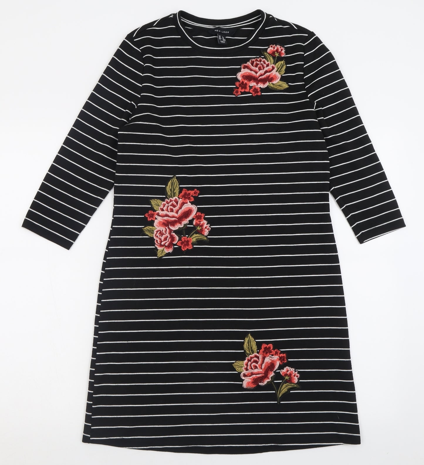 New Look Womens Black Striped Polyester A-Line  Size 8  Crew Neck Pullover