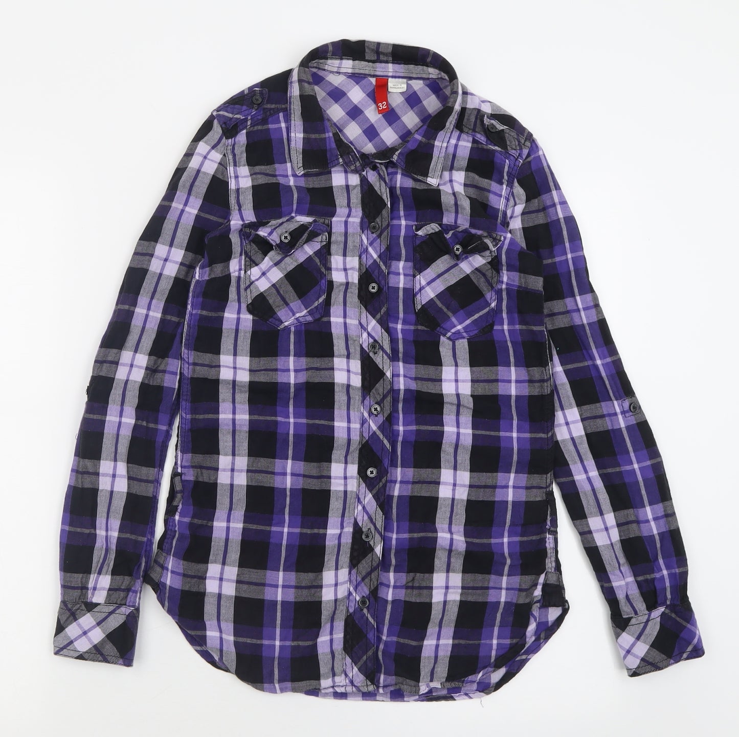 H&M Womens Purple Check Cotton Basic Button-Up Size 4 Collared