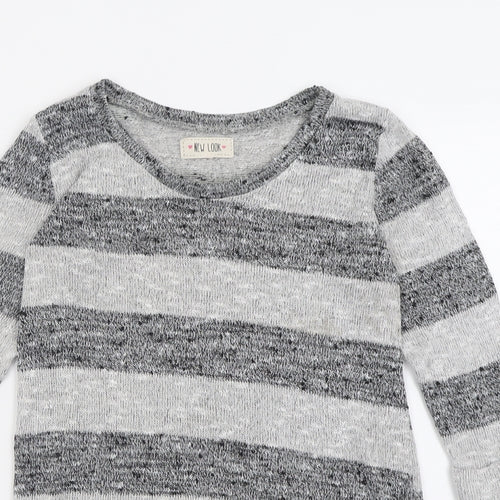 New Look Womens Grey Crew Neck Striped Viscose Pullover Jumper Size 8