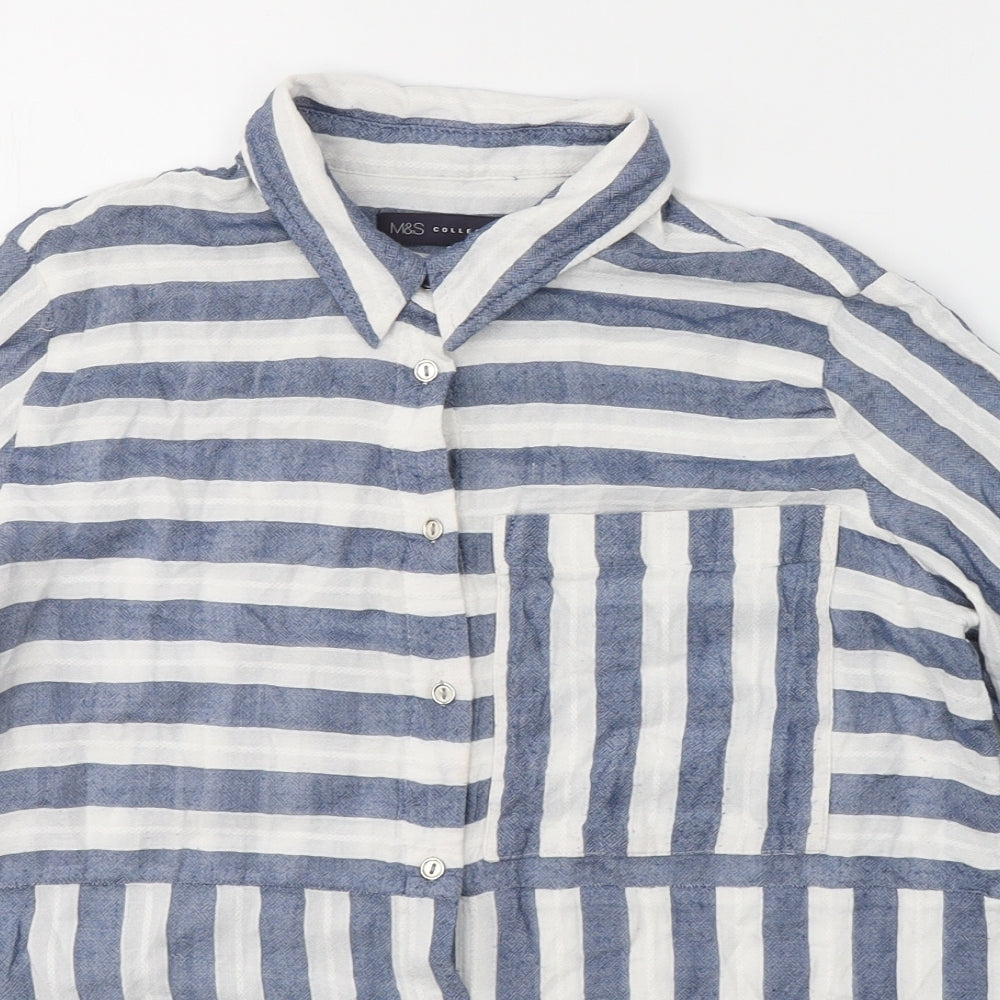 Marks and Spencer Womens Blue Striped Modal Jersey Button-Up Size 10 Collared