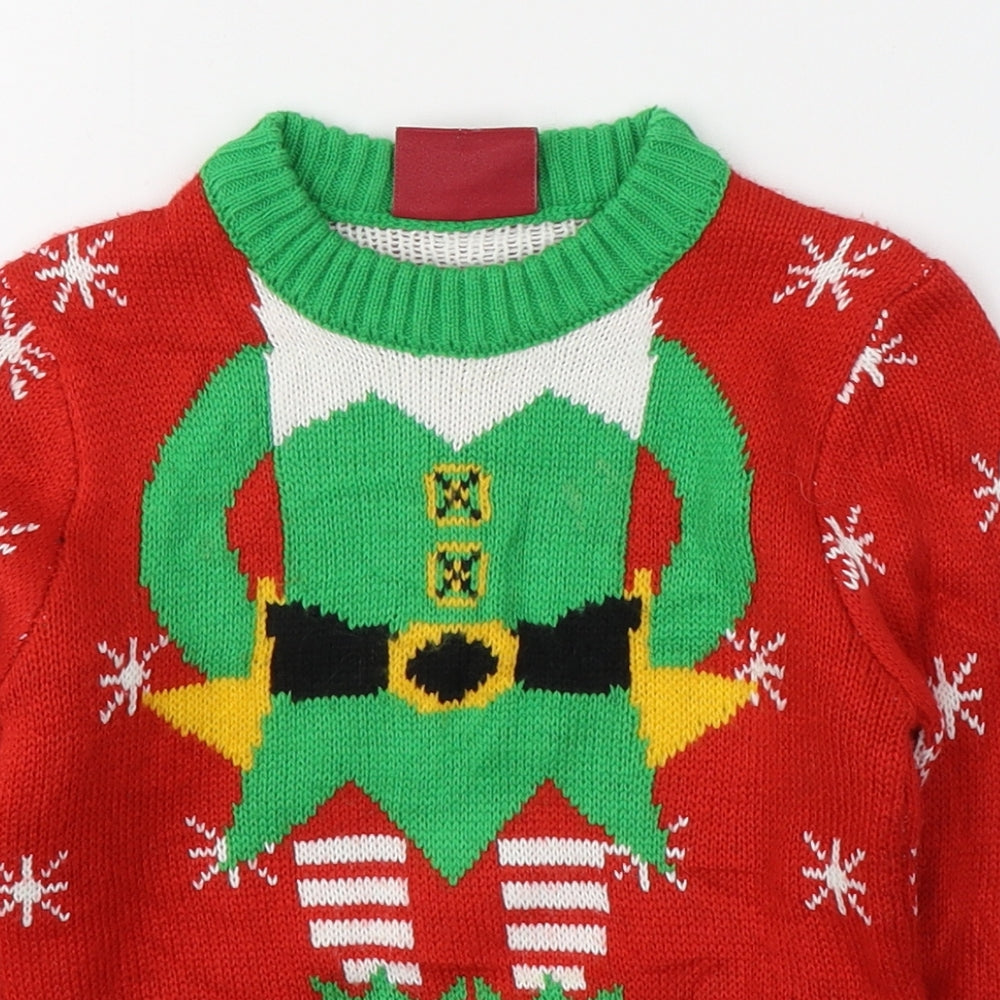 Christmas Shop Boys Red Round Neck Geometric Acetate Pullover Jumper Size 3-4 Years  Pullover - Christmas jumper