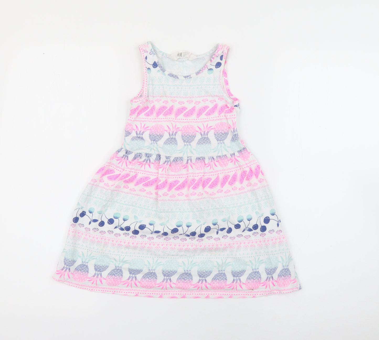 H&M Girls White Geometric Cotton Fit & Flare  Size 4-5 Years  Round Neck