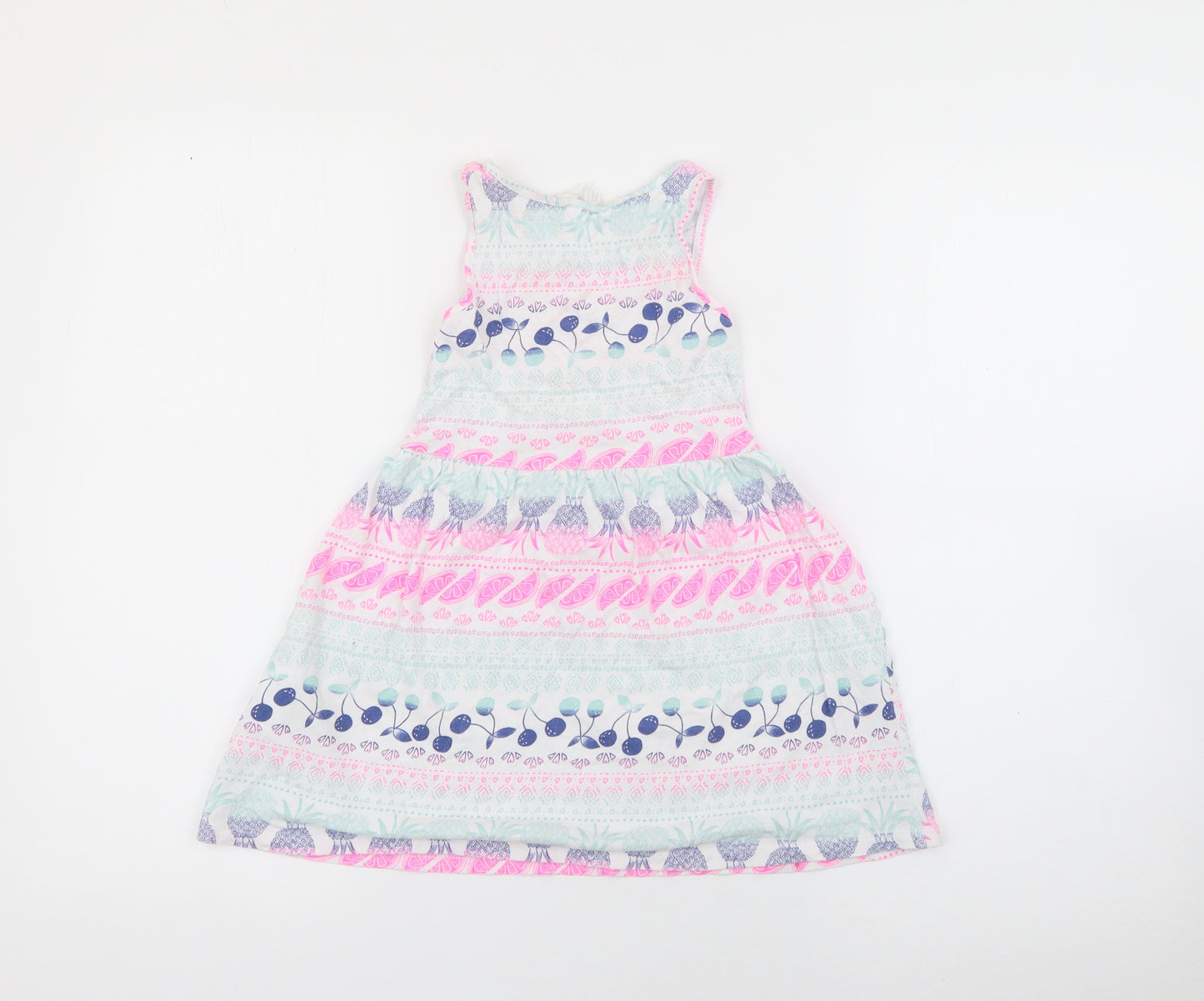 H&M Girls White Geometric Cotton Fit & Flare  Size 4-5 Years  Round Neck