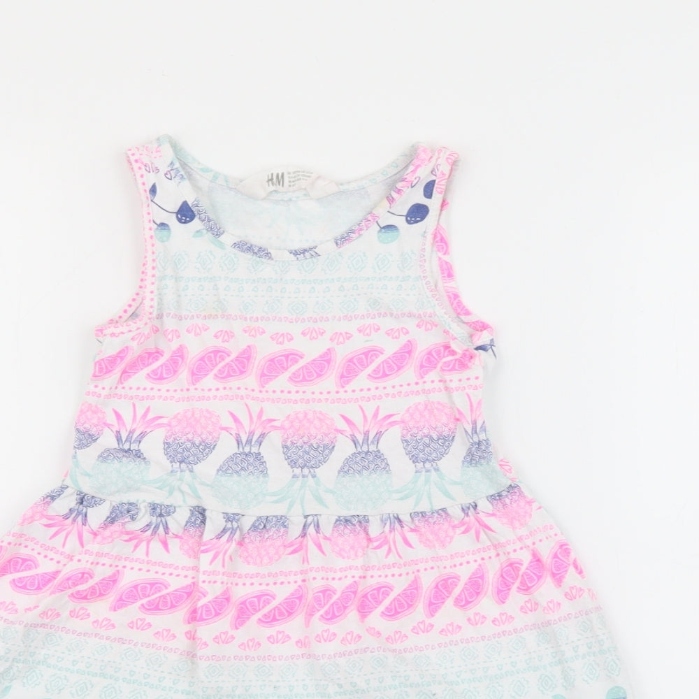 H&M Girls White Geometric Cotton Fit & Flare  Size 4-5 Years  Round Neck