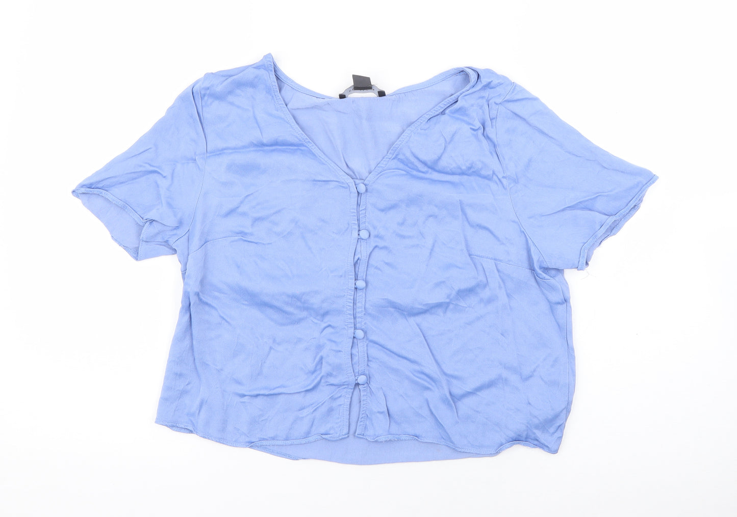Primark Womens Blue  Viscose Basic Button-Up Size 14 V-Neck - Cropped