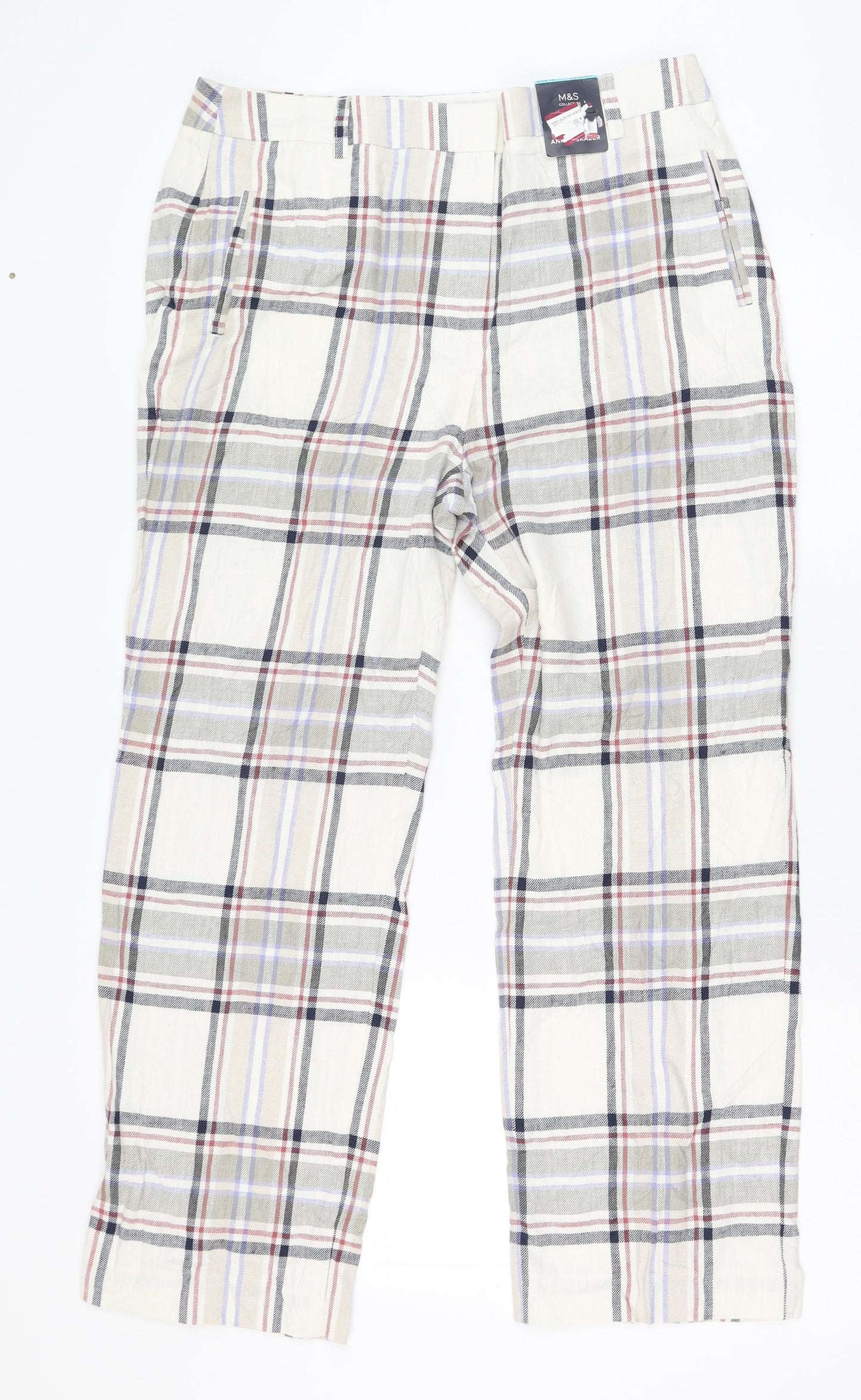 Marks and Spencer Womens Ivory Check Flax Carrot Trousers Size 14 L26 in Regular Zip