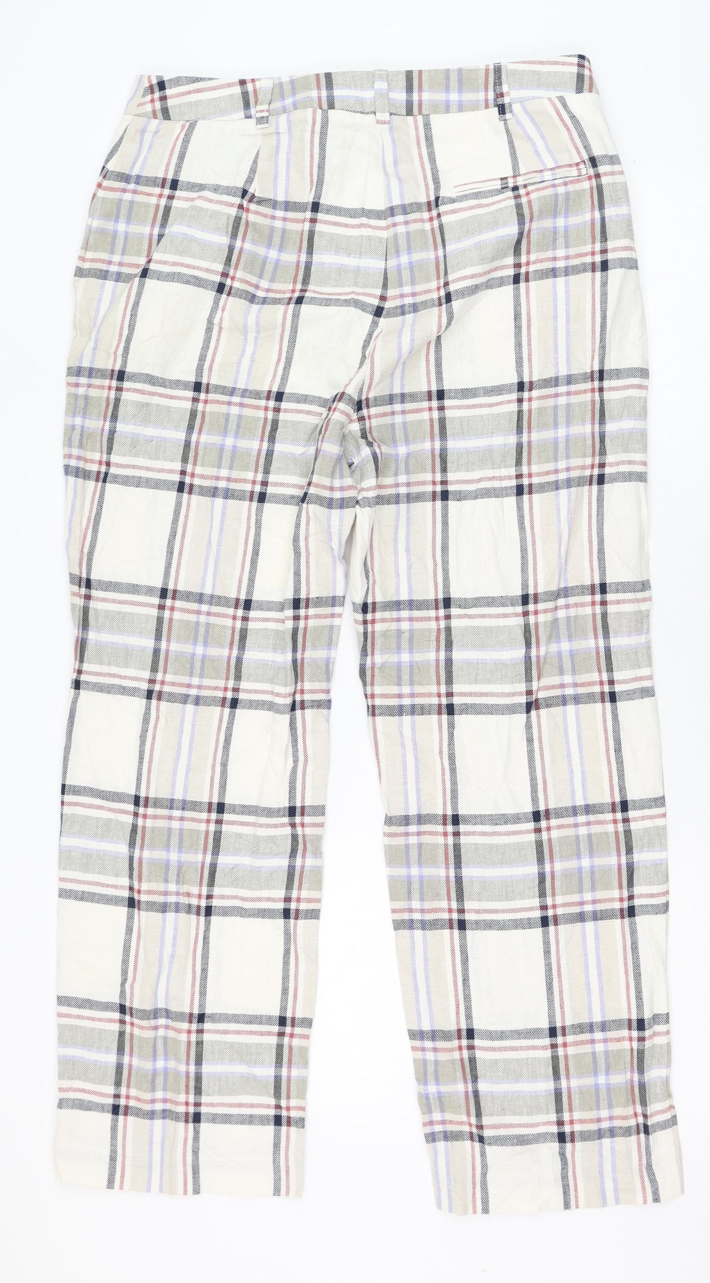 Marks and Spencer Womens Ivory Check Flax Carrot Trousers Size 14 L26 in Regular Zip