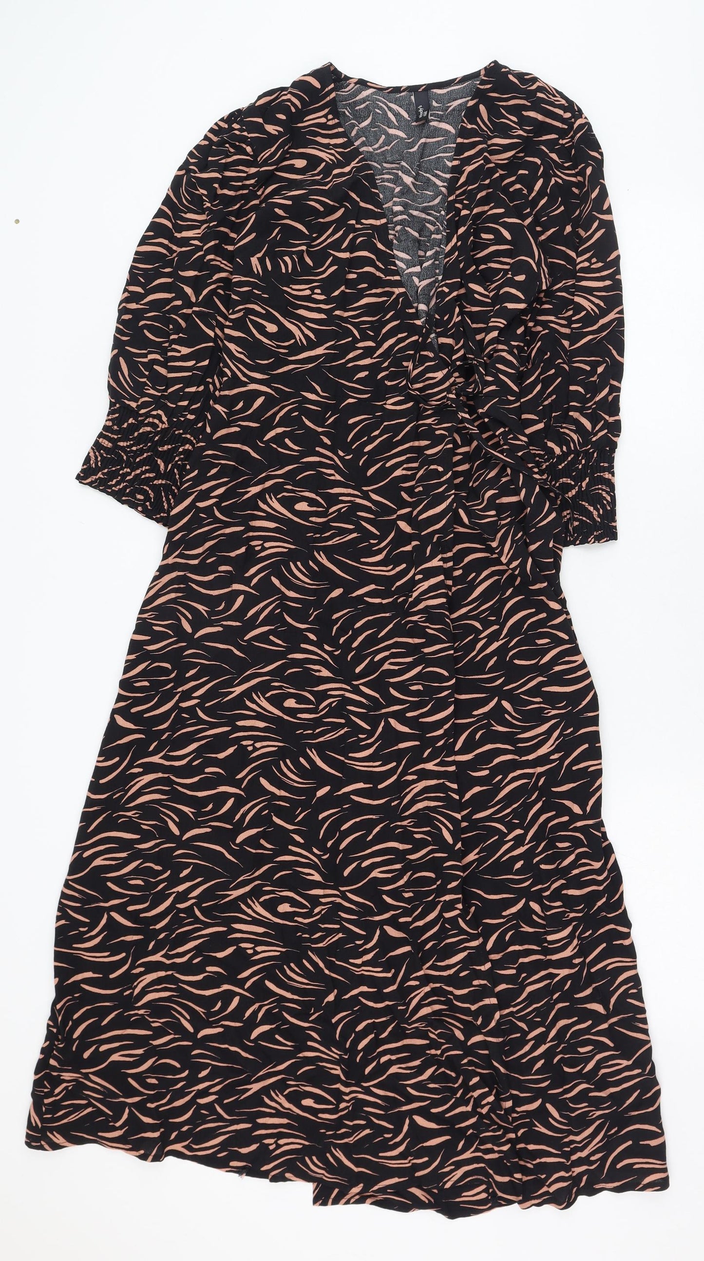 Nobody's Child Womens Black Animal Print Viscose Wrap Dress  Size 8  V-Neck Tie