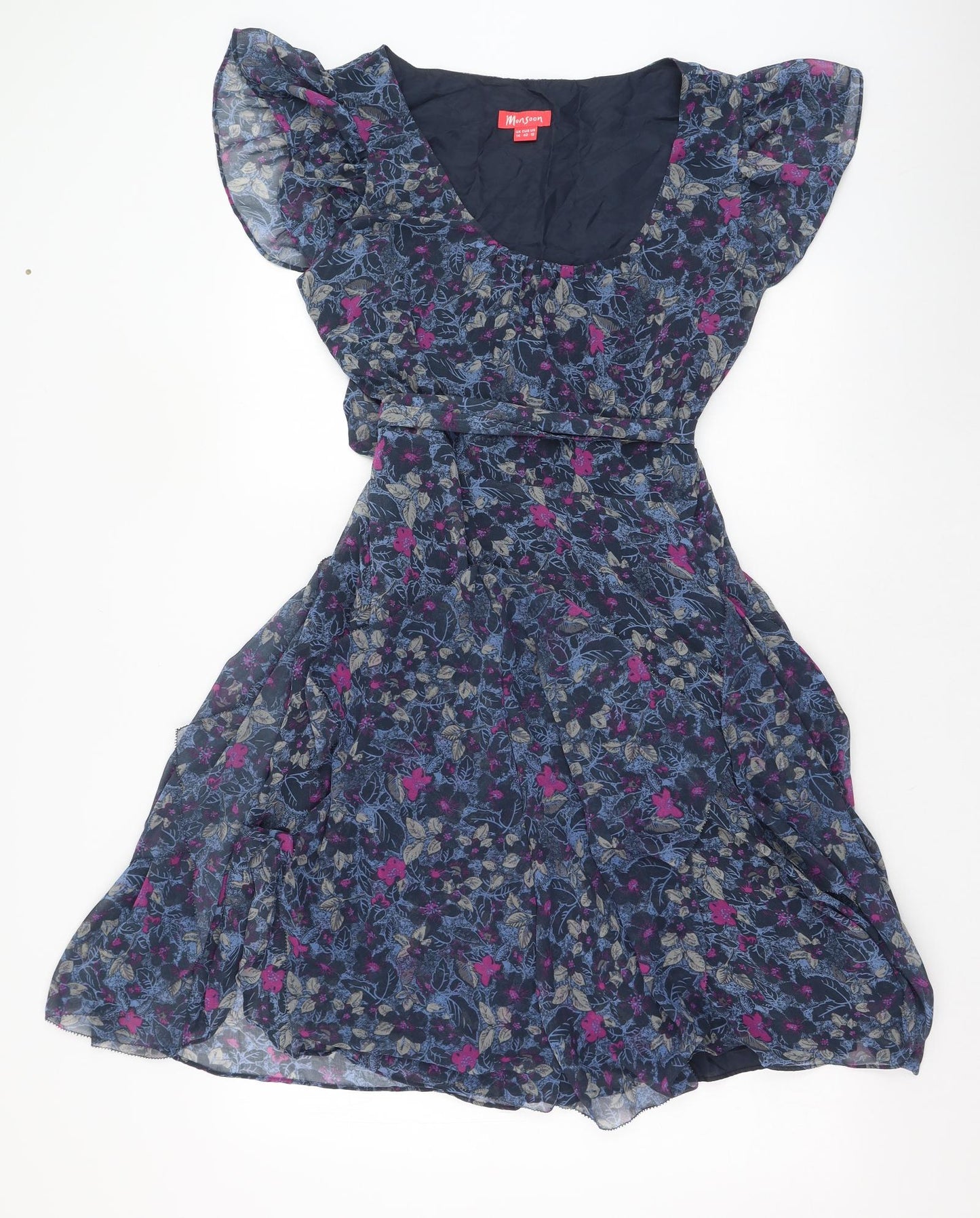 Monsoon Womens Blue Floral Polyester Fit & Flare  Size 14  Scoop Neck Pullover