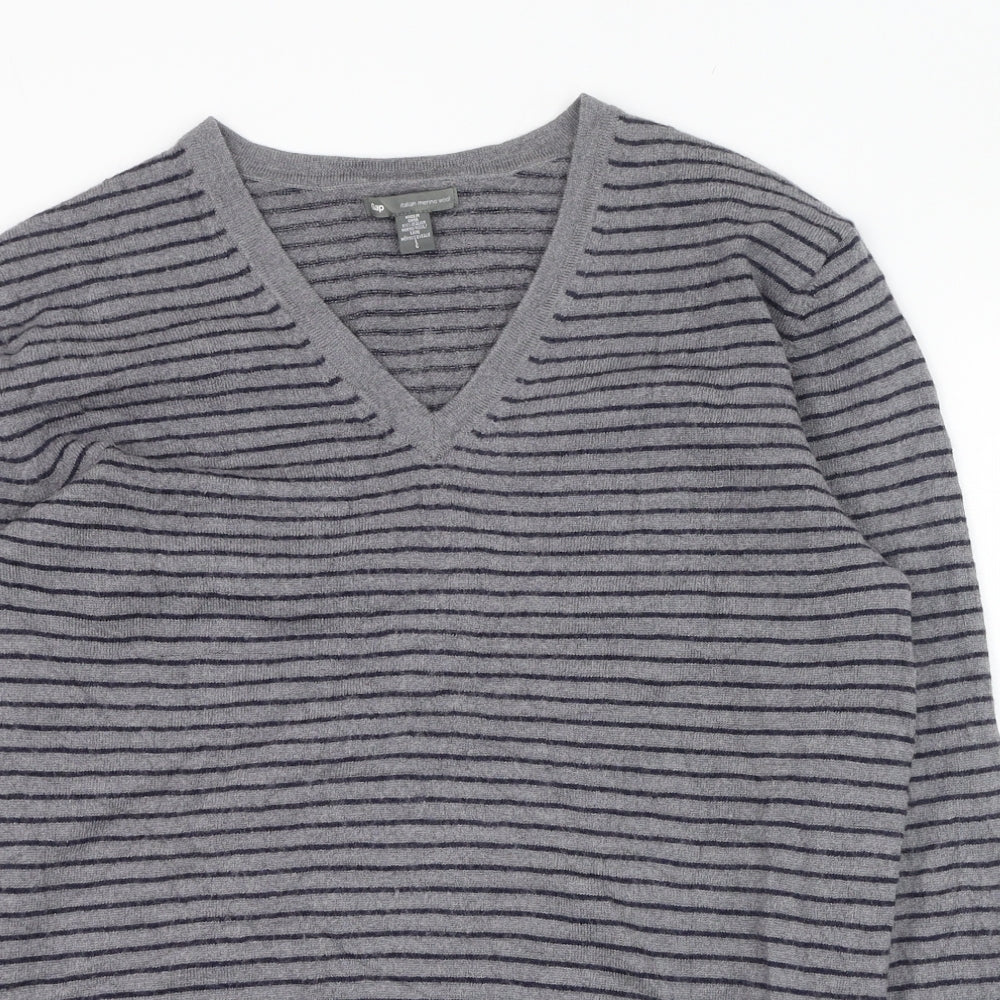 Gap Mens Grey V-Neck Striped Wool Pullover Jumper Size L