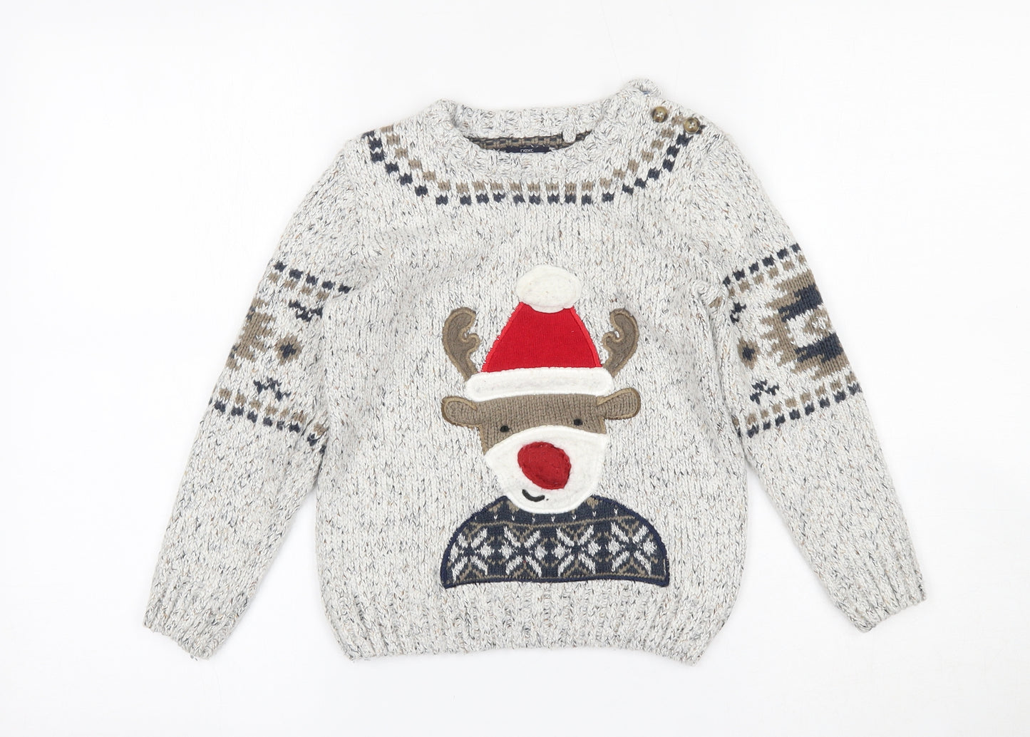 NEXT Boys Grey Round Neck  Cotton Pullover Jumper Size 5-6 Years  Button - christmas reindeer