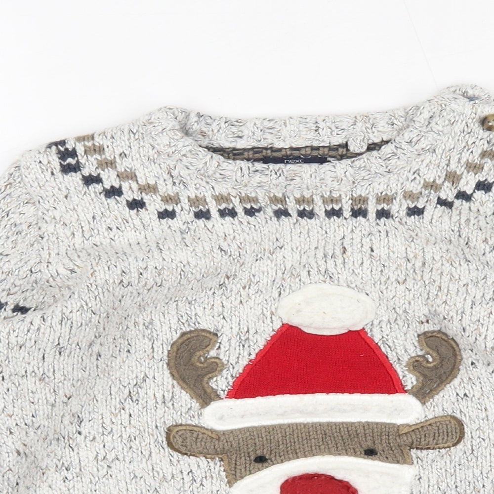 NEXT Boys Grey Round Neck  Cotton Pullover Jumper Size 5-6 Years  Button - christmas reindeer