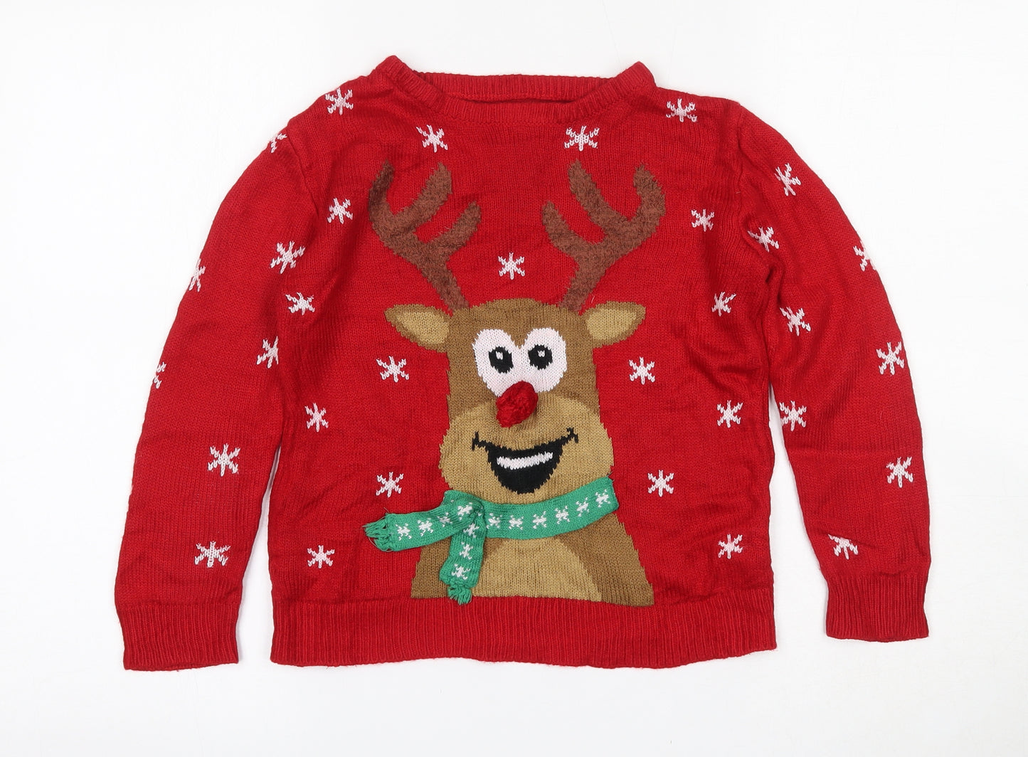 Primark Boys Red Round Neck Geometric Acrylic Pullover Jumper Size 7-8 Years   - Christmas reindeer
