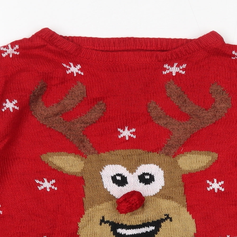Primark Boys Red Round Neck Geometric Acrylic Pullover Jumper Size 7-8 Years   - Christmas reindeer