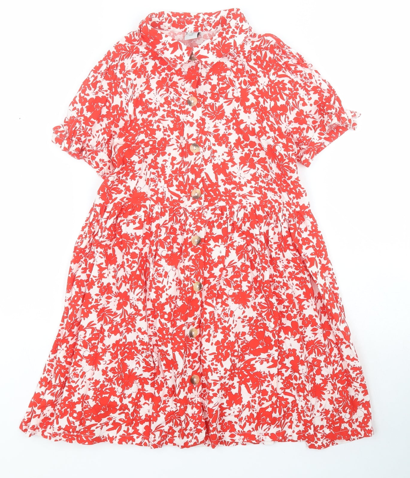TU Girls Red Floral Cotton Shirt Dress  Size 7 Years  Collared Button
