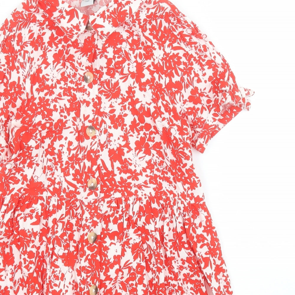 TU Girls Red Floral Cotton Shirt Dress  Size 7 Years  Collared Button