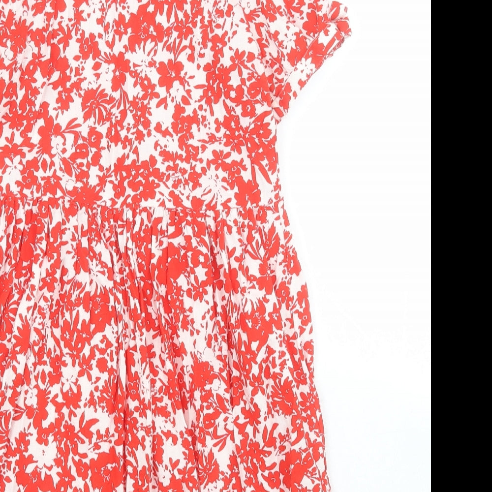 TU Girls Red Floral Cotton Shirt Dress  Size 7 Years  Collared Button