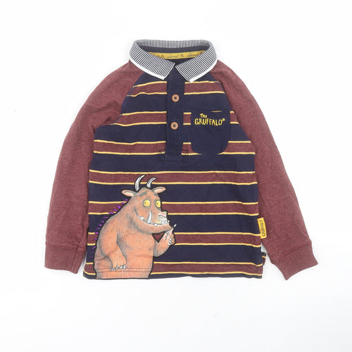 TU Boys Brown Striped Cotton Basic Polo Size 2-3 Years Collared Button - The Gruffalo