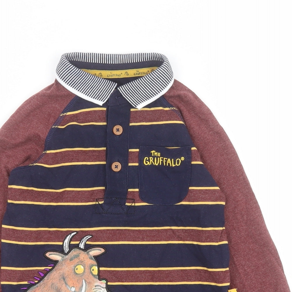 TU Boys Brown Striped Cotton Basic Polo Size 2-3 Years Collared Button - The Gruffalo